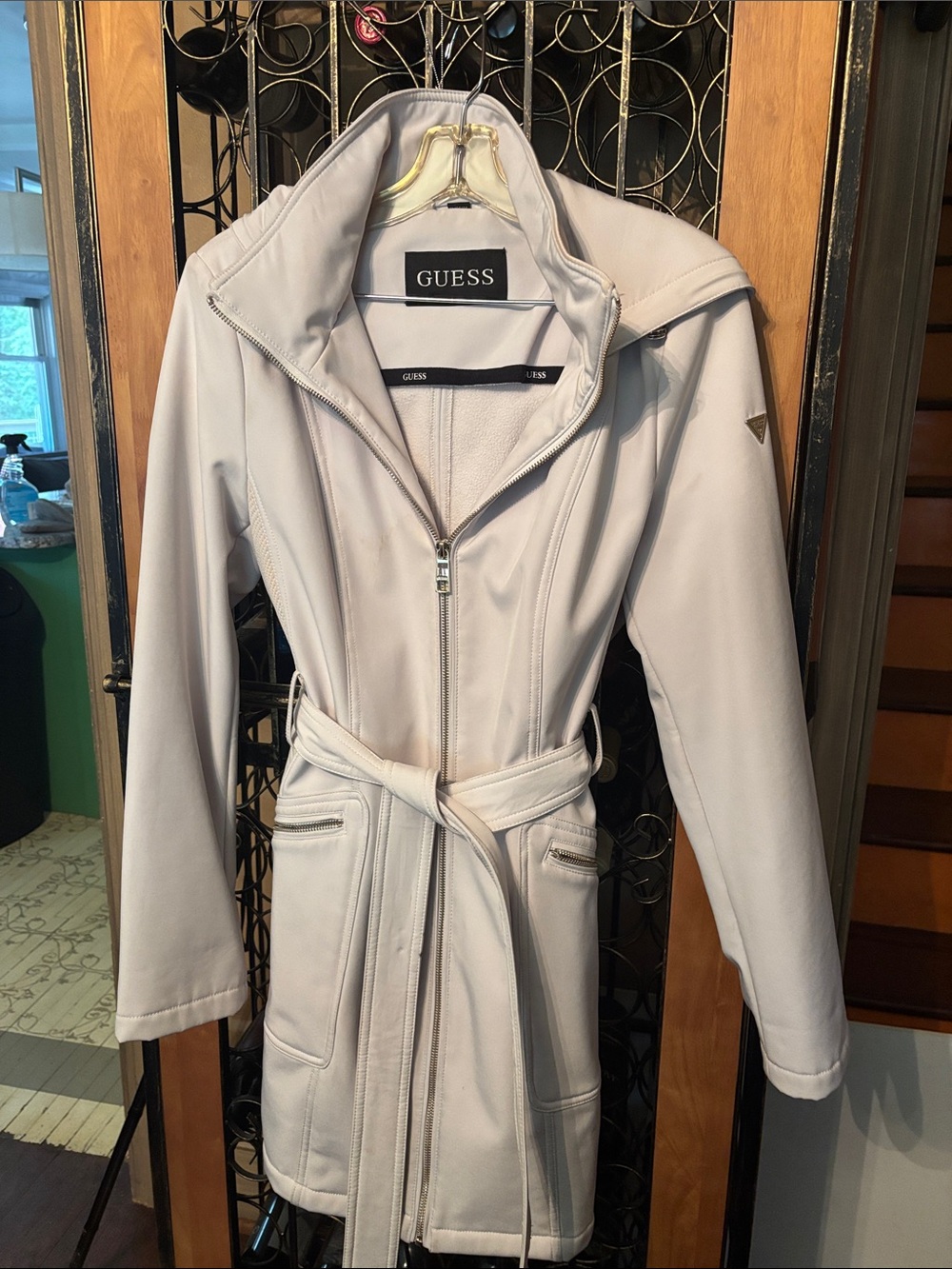 GUESS Light Beige Belted Trench Coat with Zip Front